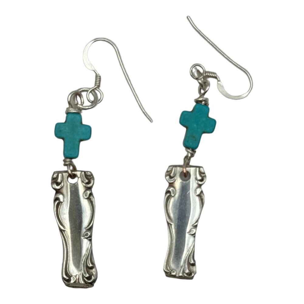 Vintage Spoon Handle Earrings With Turquoise Cross Accents & 925 Silver Hooks - Picture 3 of 12